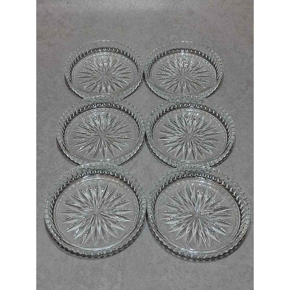 6 Starburst Crystal Coaster Pinwheel Design Ribbed Edges Vintage 4 3/4"